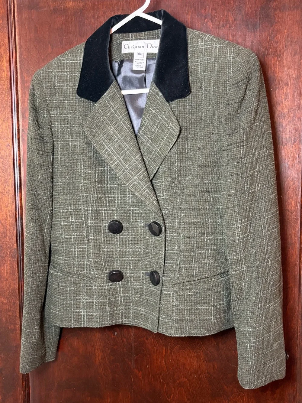 Vintage Christian Dior Women’s Jacket Green Tweed Wool Blend Blazer 80s 90s